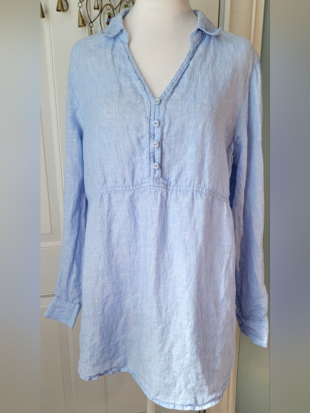 Sigrid Olsen 100% Linen Chambrey 1/2 Button Tunic Womens M Light Blue Roll Tab S